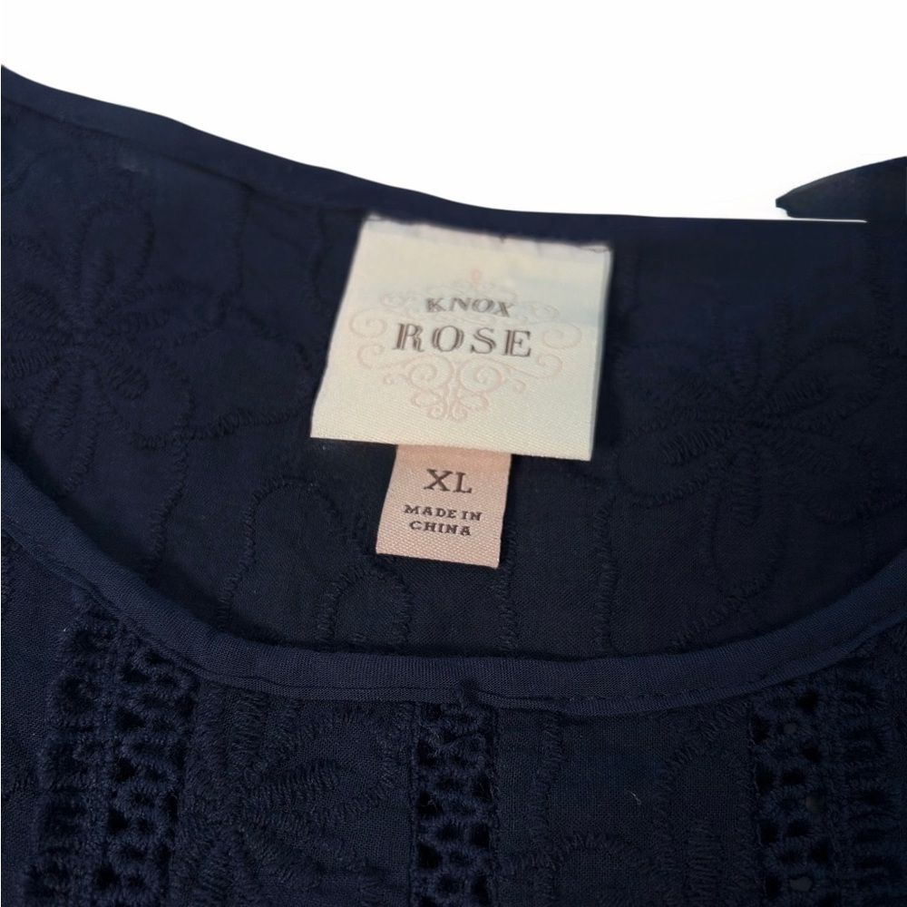 Knox Rose Blouse Women's XL Navy Blue Lace Eyelet Short Sleeve Boho Shirt Top - Picture 6 of 8